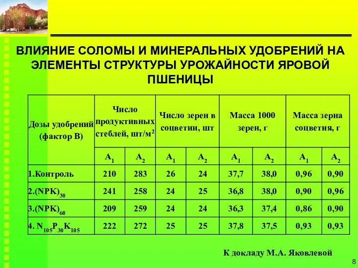 ВЛИЯНИЕ СОЛОМЫ И МИНЕРАЛЬНЫХ УДОБРЕНИЙ НА ЭЛЕМЕНТЫ СТРУКТУРЫ УРОЖАЙНОСТИ ЯРОВОЙ ПШЕНИЦЫ К докладу М.А. Яковлевой