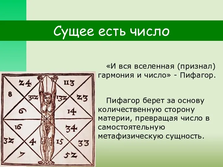 Сущее есть число «И вся вселенная (признал) гармония и число» - Пифагор.