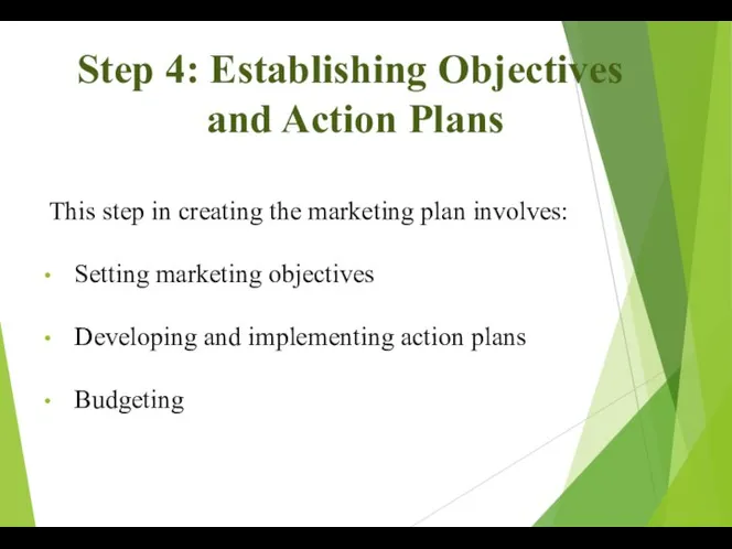 Step 4: Establishing Objectives and Action Plans This step in creating the