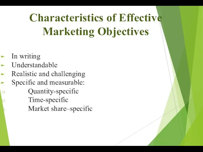 Characteristics of Effective Marketing Objectives In writing Understandable Realistic and challenging Specific