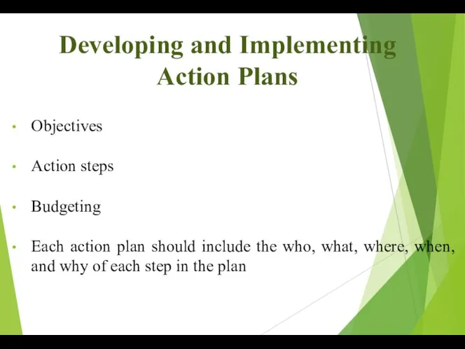 Developing and Implementing Action Plans Objectives Action steps Budgeting Each action plan