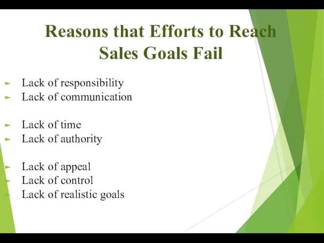 Reasons that Efforts to Reach Sales Goals Fail Lack of responsibility Lack