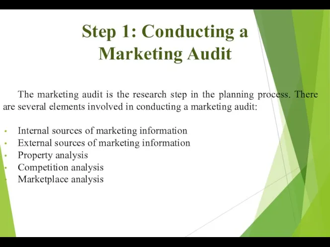 Step 1: Conducting a Marketing Audit The marketing audit is the research