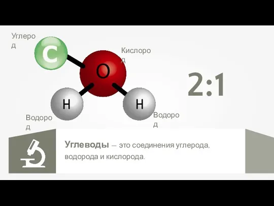 Углеводы — это соединения углерода, водорода и кислорода. 2:1 Углерод Кислород Водород Водород