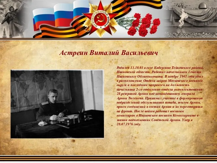 Астреин Виталий Васильевич Родился 13.10.03 в селе Кибергино Тейковского района, Ивановской области.