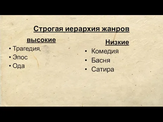 Строгая иерархия жанров высокие Трагедия, Эпос Ода Низкие Комедия Басня Сатира