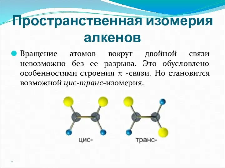 Пространственная изомерия алкенов Вращение атомов вокруг двойной связи невозможно без ее разрыва.