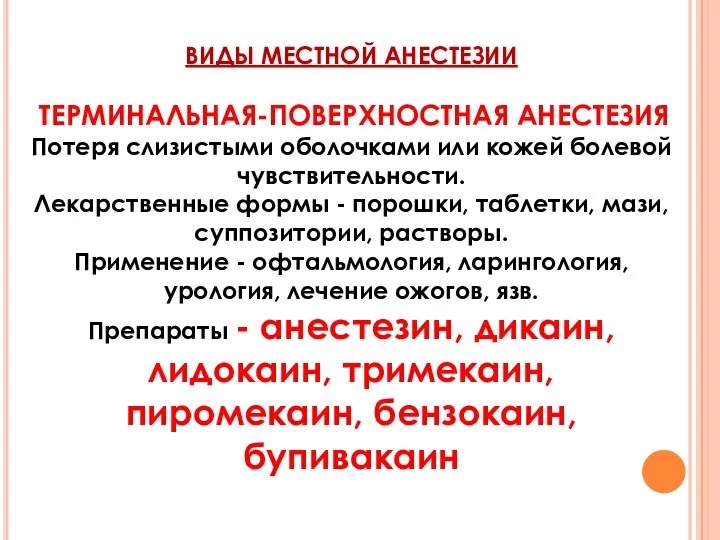 ВИДЫ МЕСТНОЙ АНЕСТЕЗИИ ТЕРМИНАЛЬНАЯ-ПОВЕРХНОСТНАЯ АНЕСТЕЗИЯ Потеря слизистыми оболочками или кожей болевой чувствительности.