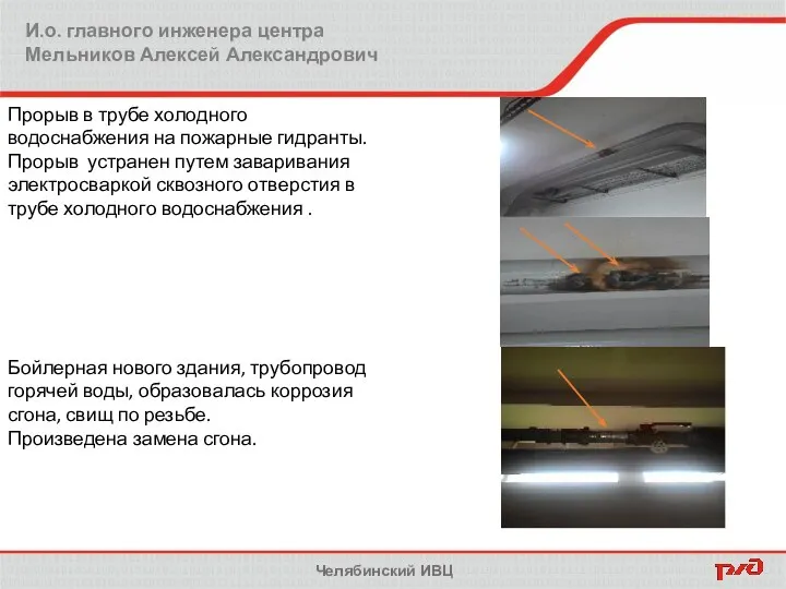И.о. главного инженера центра Мельников Алексей Александрович Прорыв в трубе холодного водоснабжения