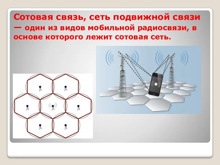 Сотовая связь, сеть подвижной связи — один из видов мобильной радиосвязи, в