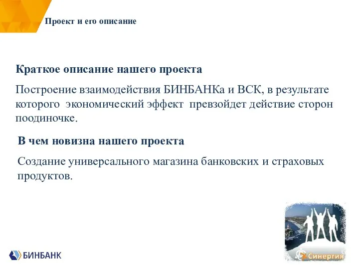 Краткое описание нашего проекта Построение взаимодействия БИНБАНКа и ВСК, в результате которого