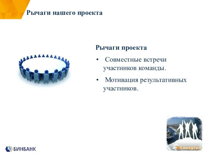 Рычаги проекта Совместные встречи участников команды. Мотивация результативных участников. Рычаги нашего проекта