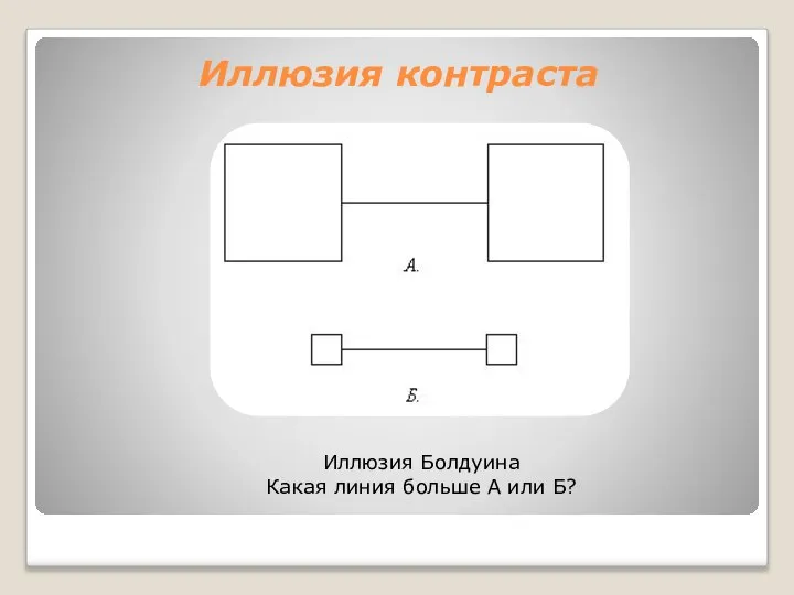 Иллюзия контраста Иллюзия Болдуина Какая линия больше А или Б?