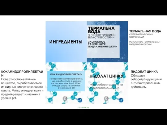 ИНГРЕДИЕНТЫ ПІДОЛАТ ЦИНКУ Має себорегулюючу та антибактеріальну дію ТЕРМАЛЬНАЯ ВОДА С ПРЕБИОТИЧЕСКИМИ