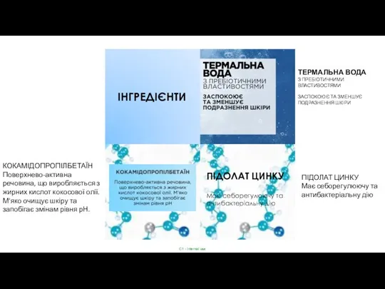 ІНГРЕДІЄНТИ ПІДОЛАТ ЦИНКУ Має себорегулюючу та антибактеріальну дію ТЕРМАЛЬНА ВОДА З ПРЕБІОТИЧНИМИ