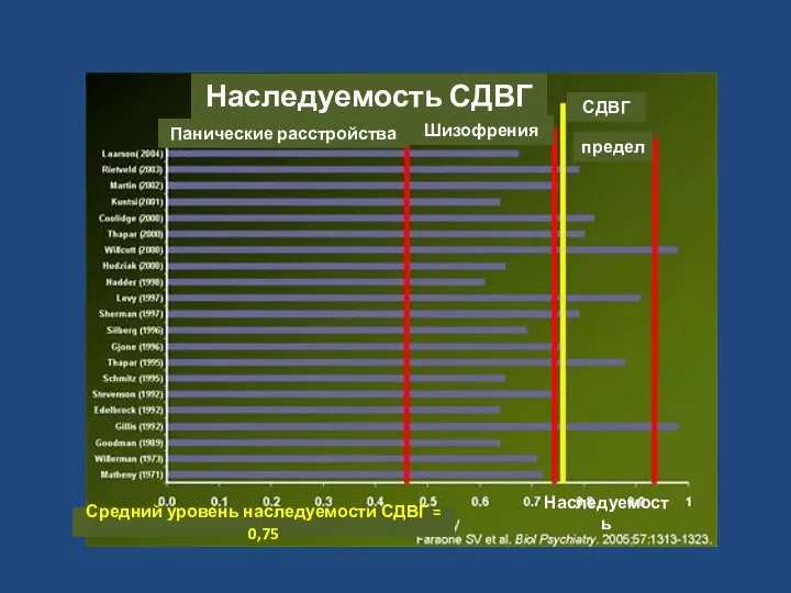 Наследуемость СДВГ Панические расстройства Шизофрения СДВГ предел Средний уровень наследуемости СДВГ = 0,75 Наследуемость