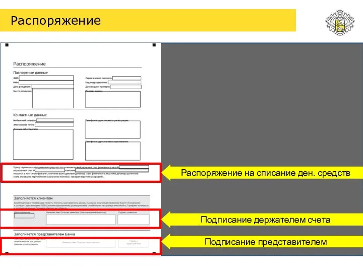 Распоряжение Подписание представителем Подписание держателем счета Распоряжение на списание ден. средств