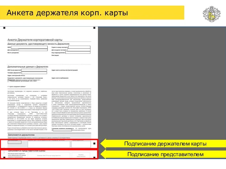 Анкета держателя корп. карты Подписание представителем Подписание держателем карты