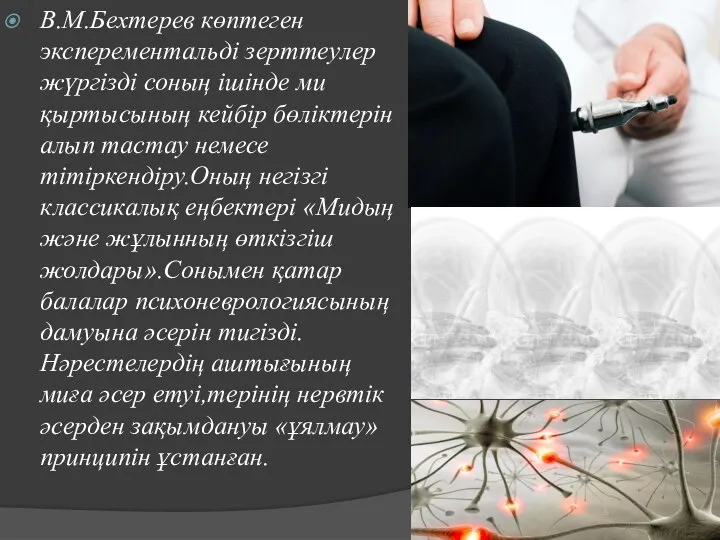 В.М.Бехтерев көптеген эксперементальді зерттеулер жүргізді соның ішінде ми қыртысының кейбір бөліктерін алып