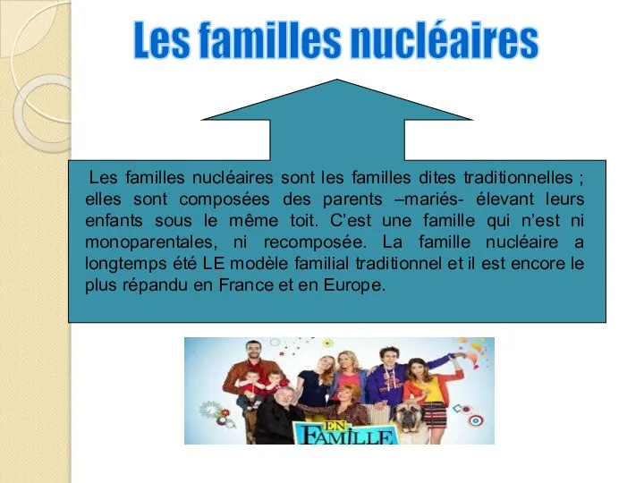 Les familles nucléaires Les familles nucléaires sont les familles dites traditionnelles ;