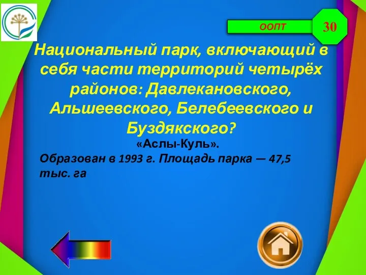 ООПТ Национальный парк, включающий в себя части территорий четырёх районов: Давлекановского, Альшеевского,