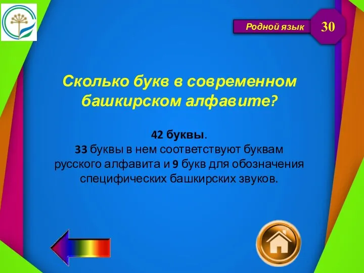 Родной язык Сколько букв в современном башкирском алфавите? 30 42 буквы. 33