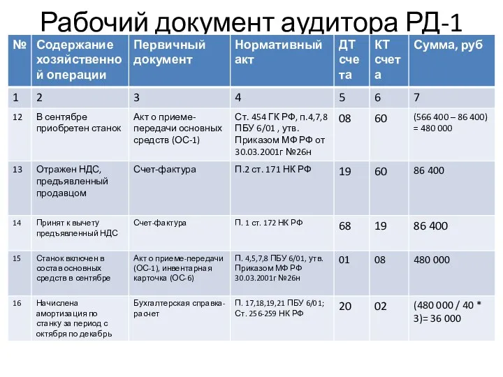 Рабочий документ аудитора РД-1