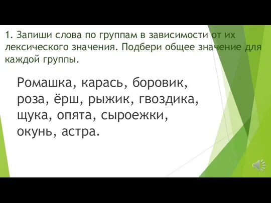 1. Запиши слова по группам в зависимости от их лексического значения. Подбери