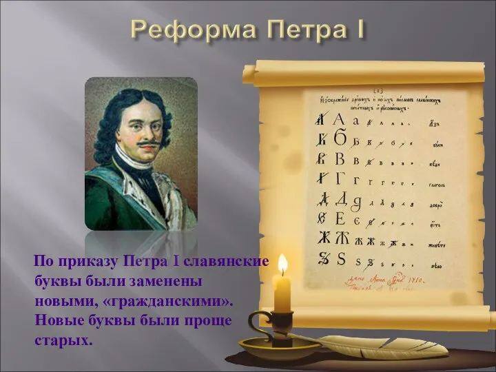 По приказу Петра I славянские буквы были заменены новыми, «гражданскими». Новые буквы были проще старых.