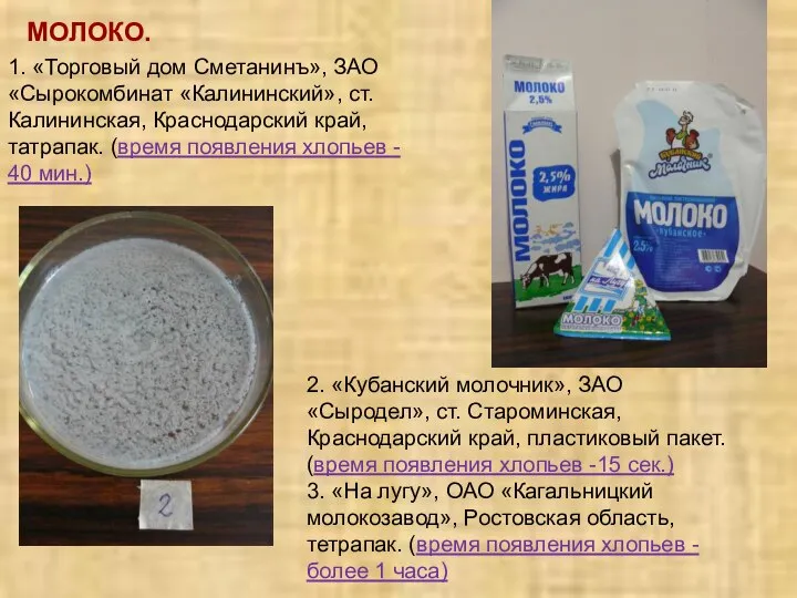 МОЛОКО. 1. «Торговый дом Сметанинъ», ЗАО «Сырокомбинат «Калининский», ст. Калининская, Краснодарский край,