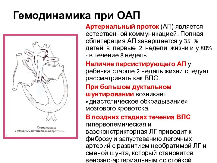 Гемодинамика при ОАП Артериальный проток (АП) является естественной коммуникацией. Полная облитерация АП