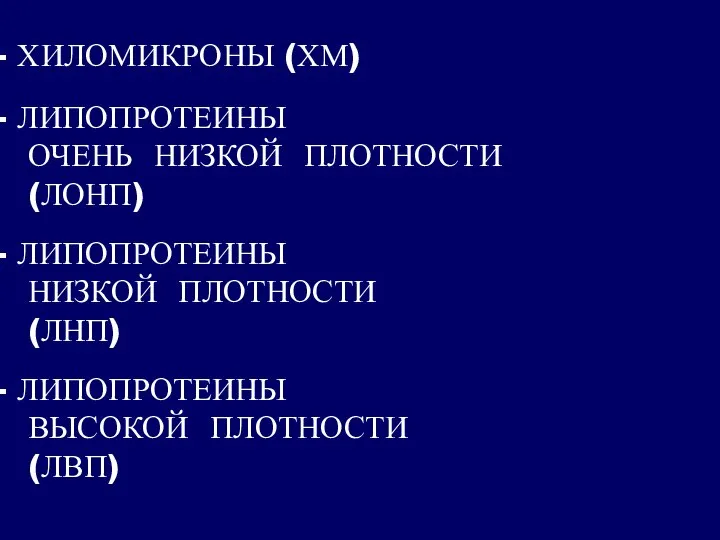 ХИЛОМИКРОНЫ (ХМ) ЛИПОПРОТЕИНЫ ОЧЕНЬ НИЗКОЙ ПЛОТНОСТИ (ЛОНП) ЛИПОПРОТЕИНЫ НИЗКОЙ ПЛОТНОСТИ (ЛНП) ЛИПОПРОТЕИНЫ ВЫСОКОЙ ПЛОТНОСТИ (ЛВП)