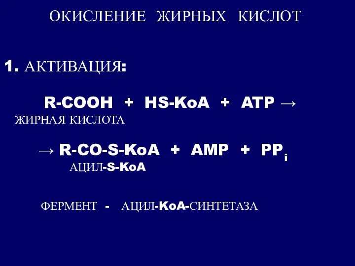 ОКИСЛЕНИЕ ЖИРНЫХ КИСЛОТ 1. АКТИВАЦИЯ: R-COOH + HS-KoA + ATP → →