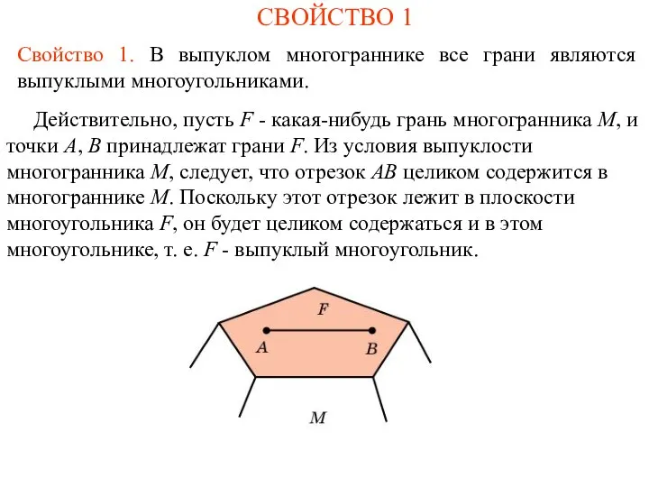 СВОЙСТВО 1 Свойство 1. В выпуклом многограннике все грани являются выпуклыми многоугольниками.