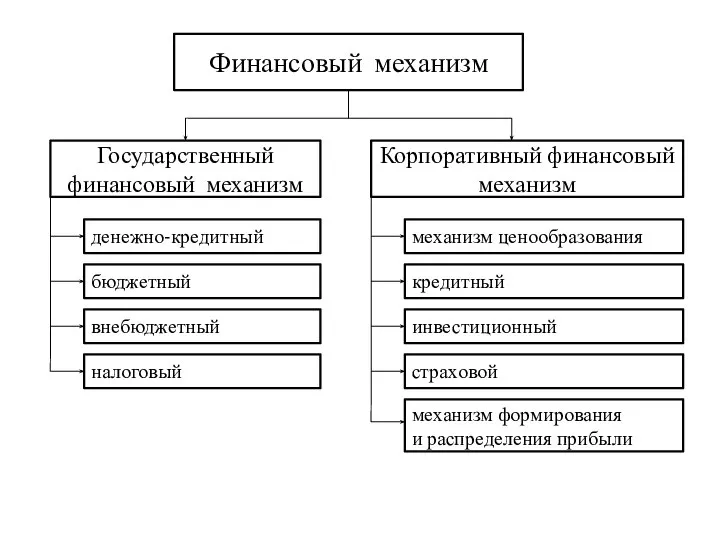 Финансовый механизм Государственный финансовый механизм Корпоративный финансовый механизм денежно-кредитный бюджетный внебюджетный налоговый