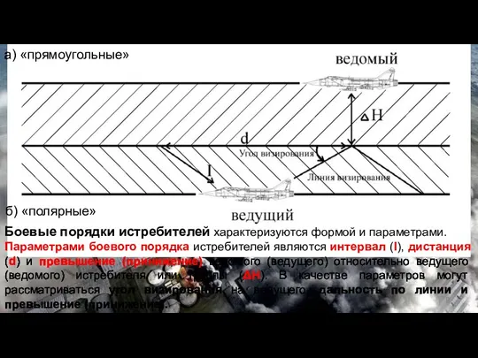 Боевые порядки истребителей характеризуются формой и параметрами. Параметрами боевого порядка истребителей являются