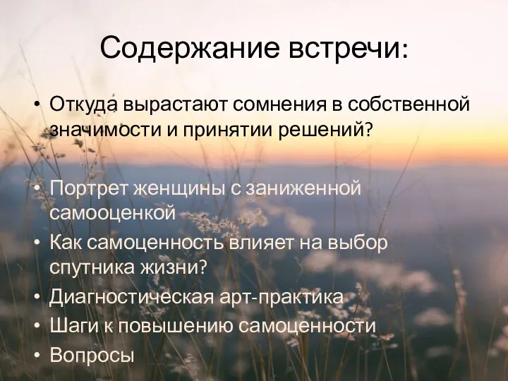 Содержание встречи: Откуда вырастают сомнения в собственной значимости и принятии решений? Портрет