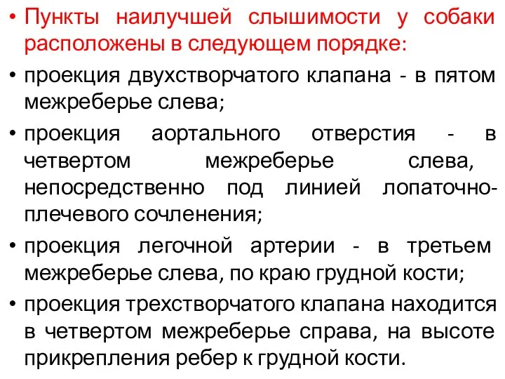 Пункты наилучшей слышимости у собаки расположены в следующем порядке: проекция двухстворчатого клапана