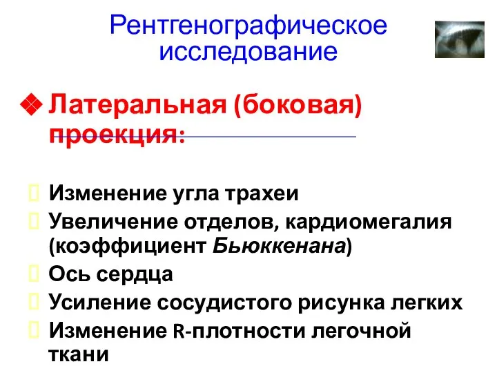 Рентгенографическое исследование Латеральная (боковая) проекция: Изменение угла трахеи Увеличение отделов, кардиомегалия (коэффициент