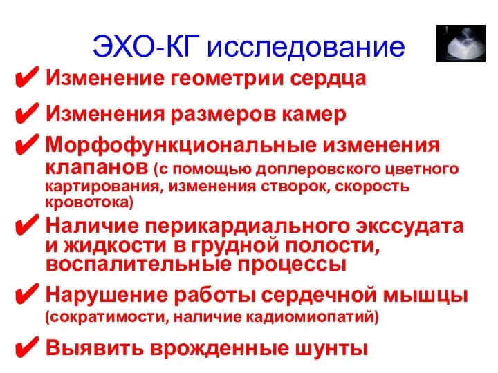 ЭХО-КГ исследование Изменение геометрии сердца Изменения размеров камер Морфофункциональные изменения клапанов (с