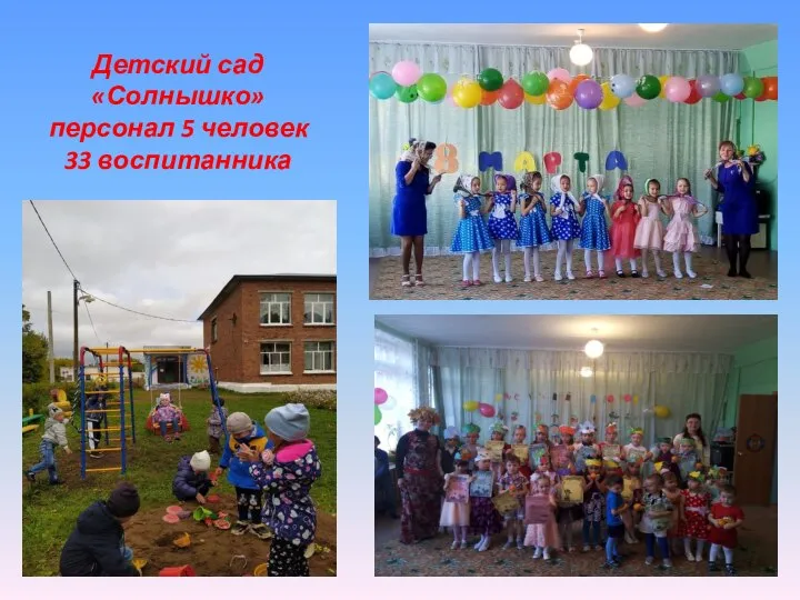Детский сад «Солнышко» персонал 5 человек 33 воспитанника