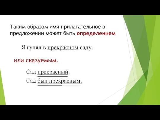 Таким образом имя прилагательное в предложении может быть определением или сказуемым.