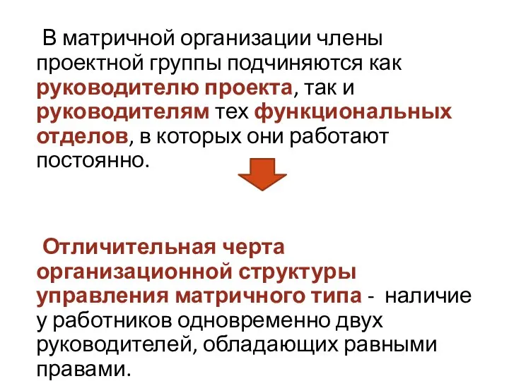 В матричной организации члены проектной группы подчиняются как руководителю проекта, так и