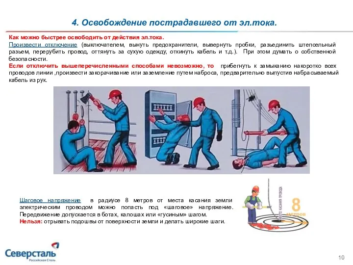 Как можно быстрее освободить от действия эл.тока. Произвести отключение (выключателем, вынуть предохранители,