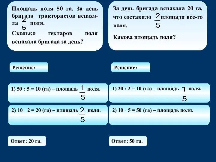 2) 10 · 5 = 50 (га) – площадь поля. Ответ: 20