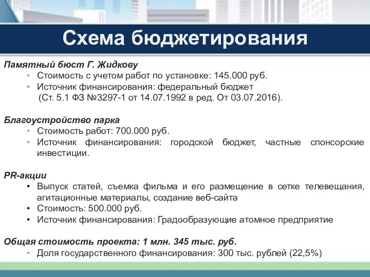 Схема бюджетирования Памятный бюст Г. Жидкову Стоимость с учетом работ по установке: