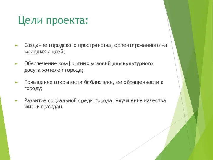 Цели проекта: Создание городского пространства, ориентированного на молодых людей; Обеспечение комфортных условий