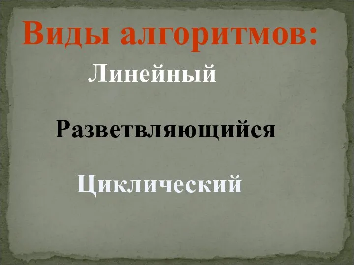 Виды алгоритмов: Циклический Линейный Разветвляющийся