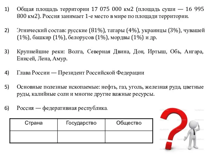 Общая площадь территории 17 075 000 км2 (площадь суши — 16 995