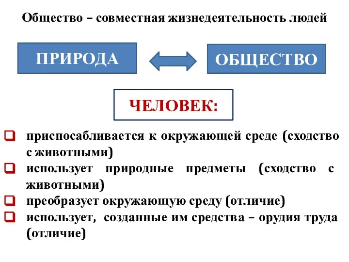 Общество – совместная жизнедеятельность людей ПРИРОДА ОБЩЕСТВО приспосабливается к окружающей среде (сходство